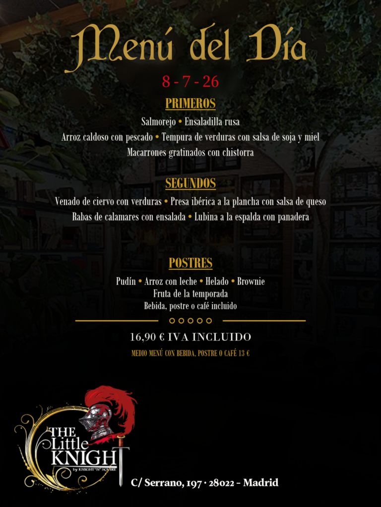 Menu diario del día 8 de julio de 2026 del Restaurante americano The Little Knight