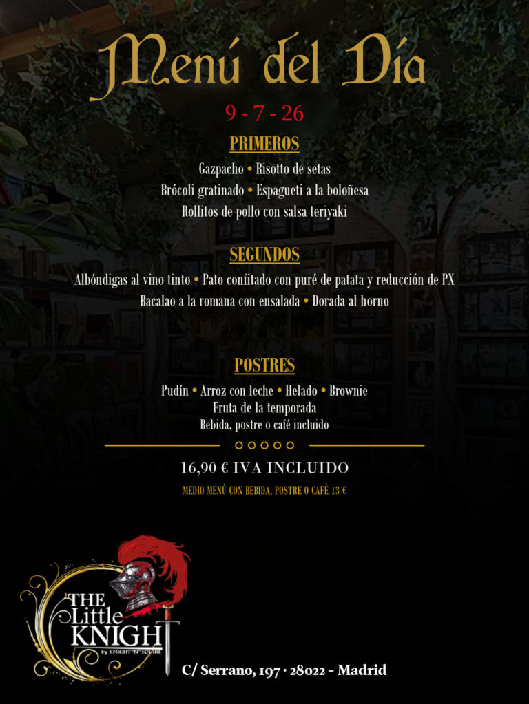 Menu diario del día 9 de julio de 2026 del Restaurante americano The Little Knight