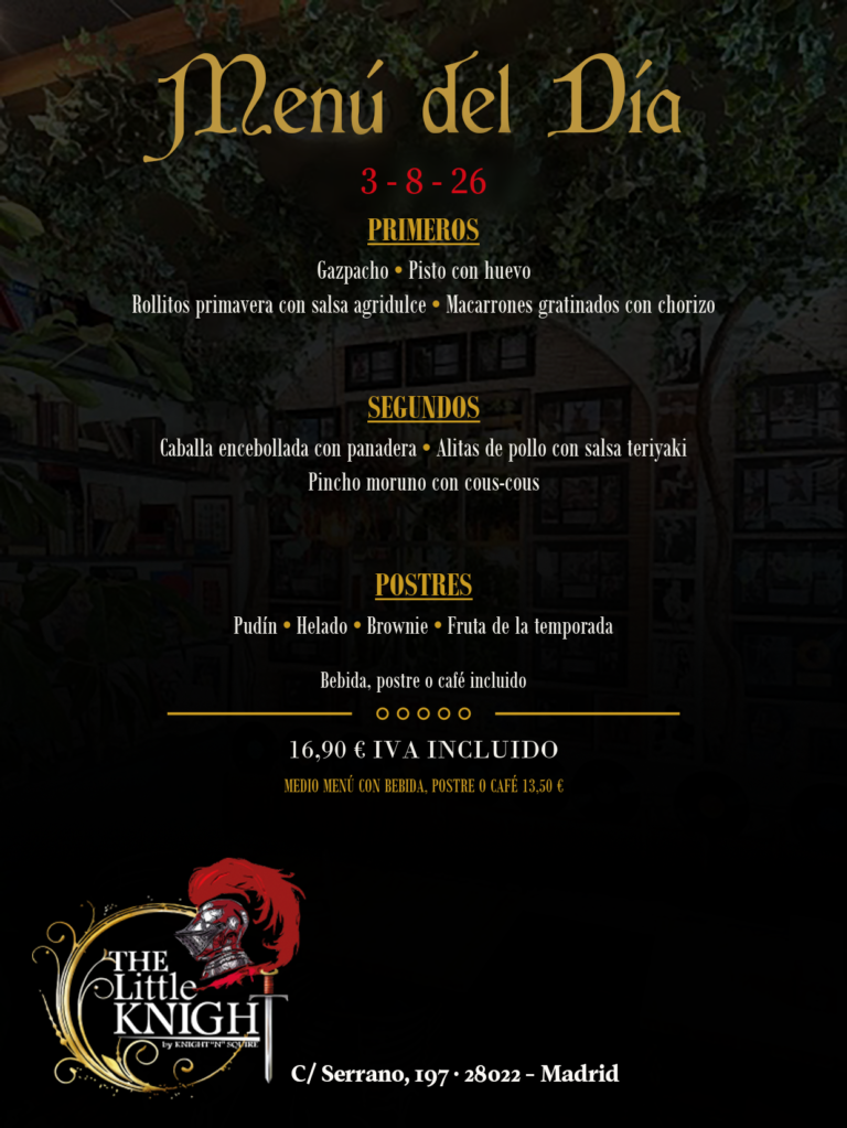 Menu diario del día 3 de agosto de 2026 del Restaurante americano The Little Knight